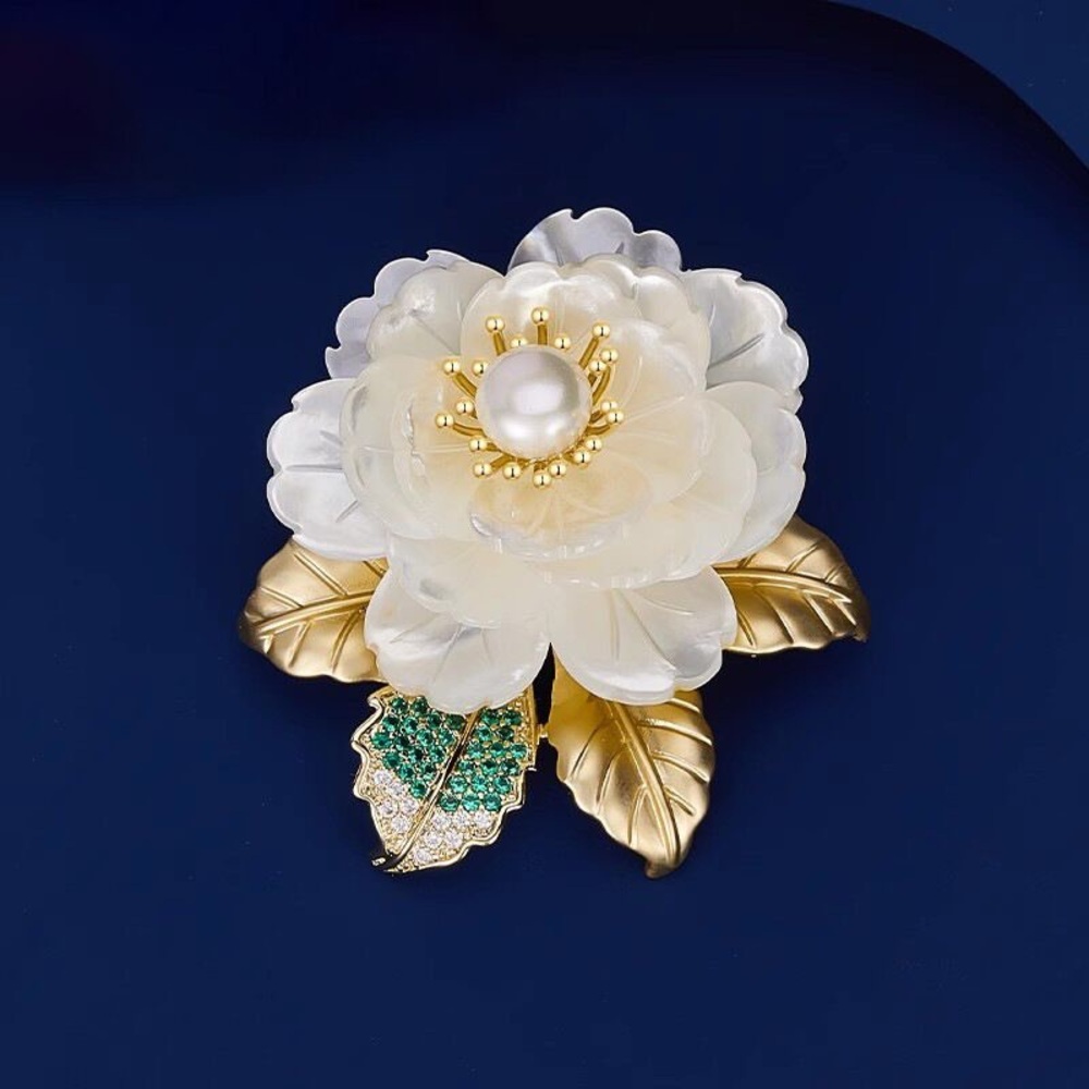 Elegant White Flower Pearl Brooch with Gold Leaves